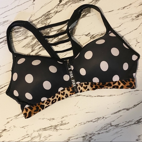 PINK Victoria's Secret Other - PINK Black Polka-Dot Zip-Up Sports Bra